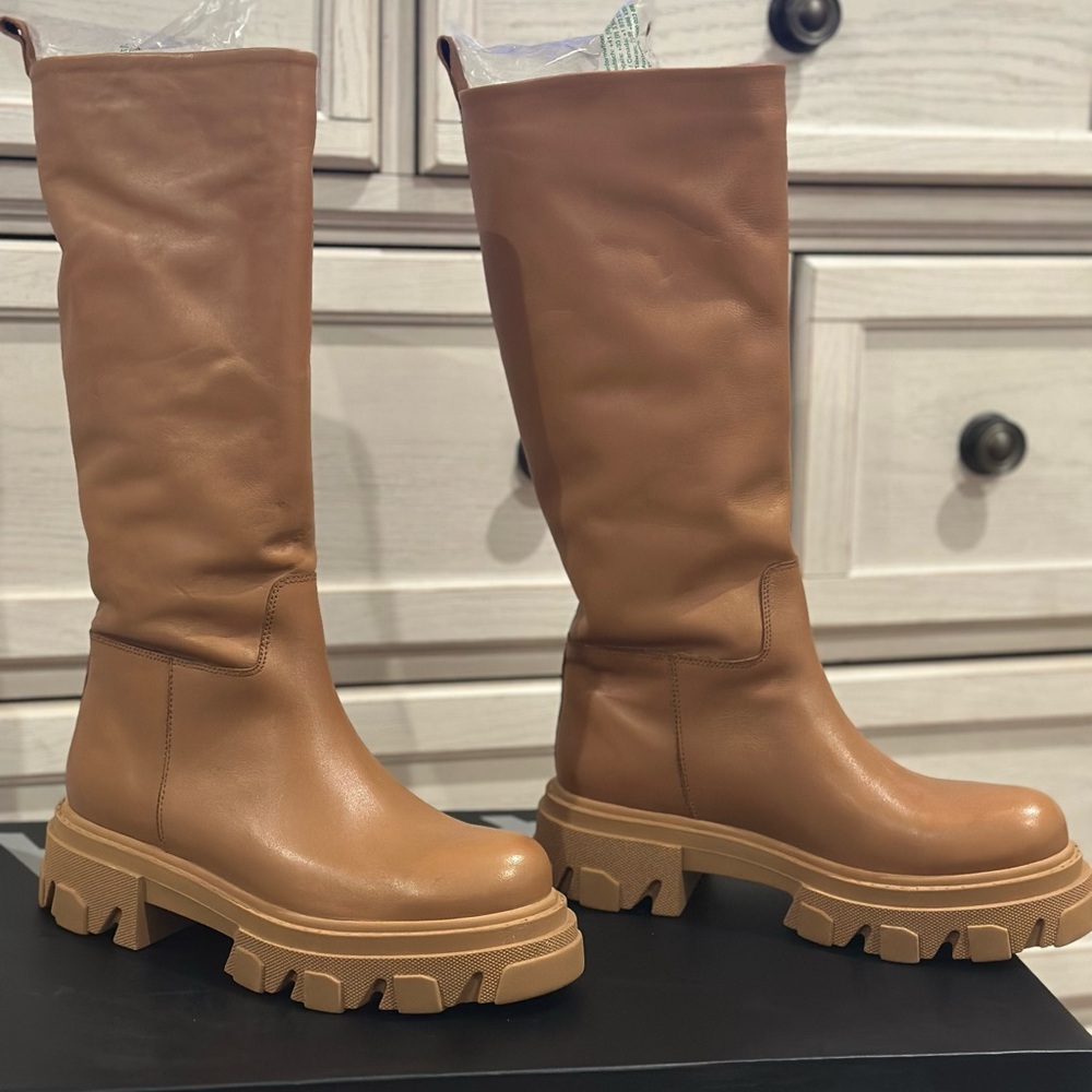 Aqua - Kiku Cognac (Tan) Leather Tall Knee-High Boots 8M